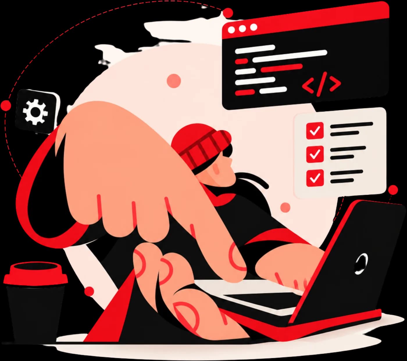 Illustration of a developer working at a laptop, with a code window, a task checklist and a settings icon around them