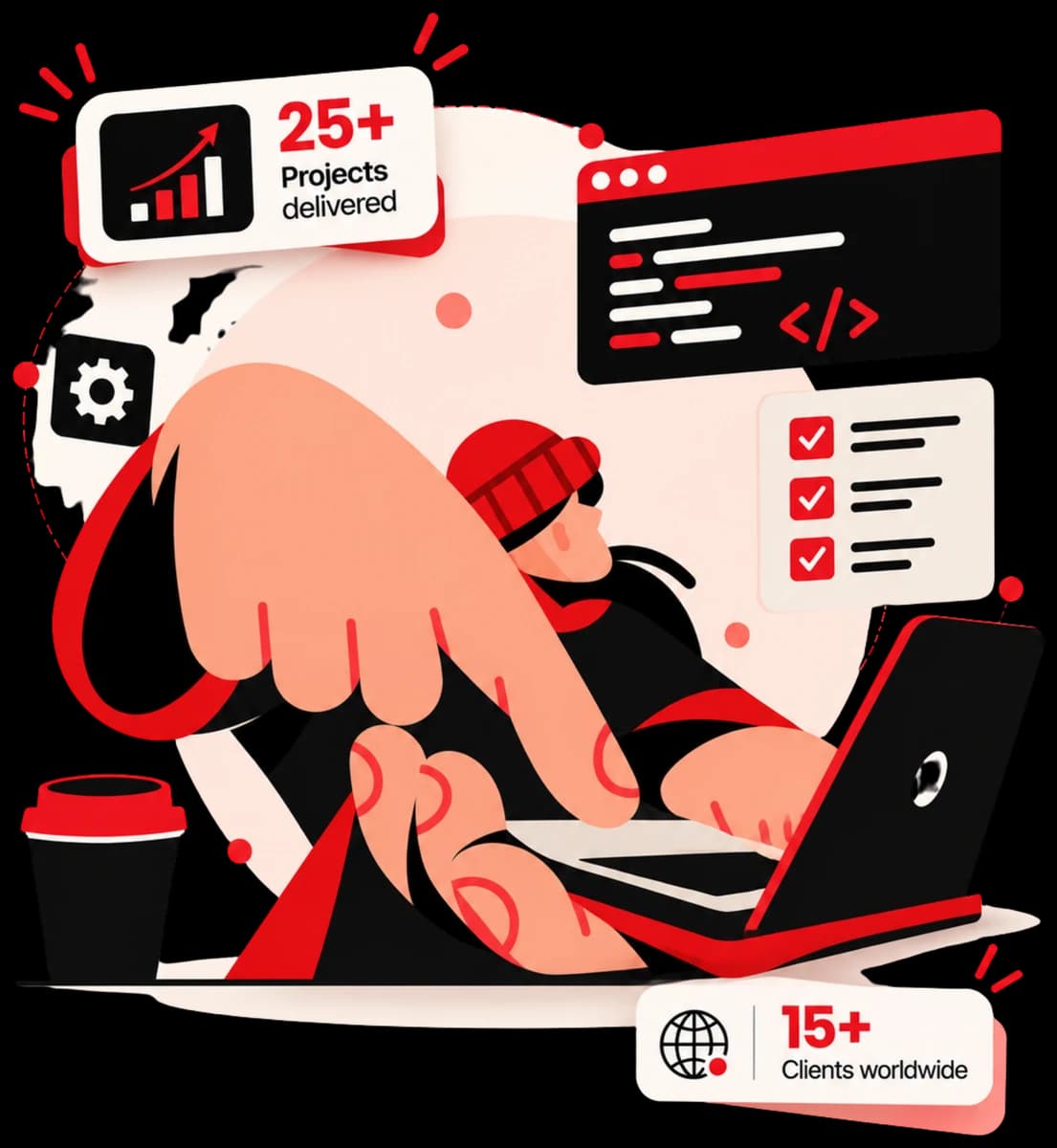 Illustration of a developer building software: 25+ projects delivered, 15+ clients worldwide