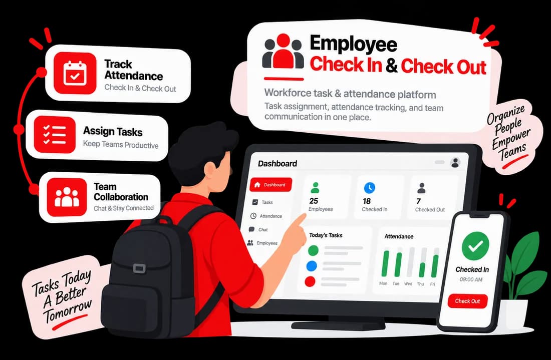 Illustration of the employee check in and check out dashboard: attendance, tasks and team chat