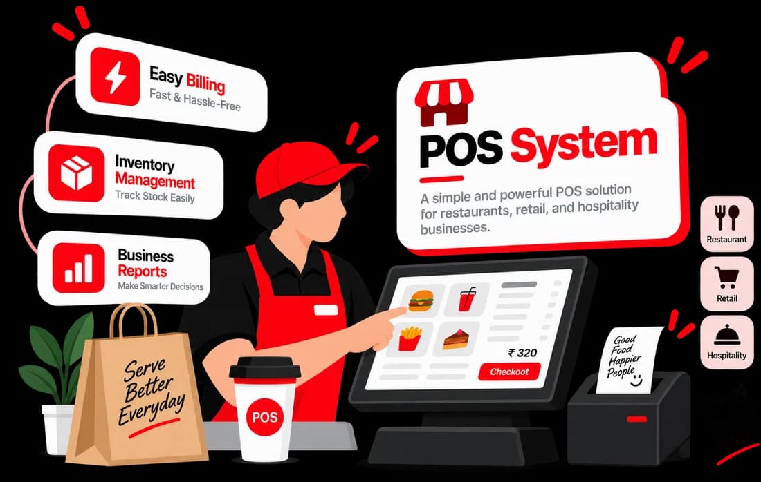 Illustration of the Tomatovation POS: easy billing, inventory management and business reports